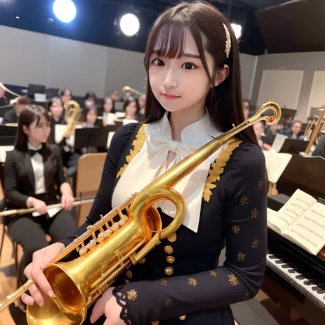 Depict a 20-year-old, dazzlingly beautiful woman playing a brass instrument in a grand concert hall. She wears an elegant yet practical band uniform, designed with intricate gold embroidery. Her posture is poised, fingers positioned with precision, her eye...