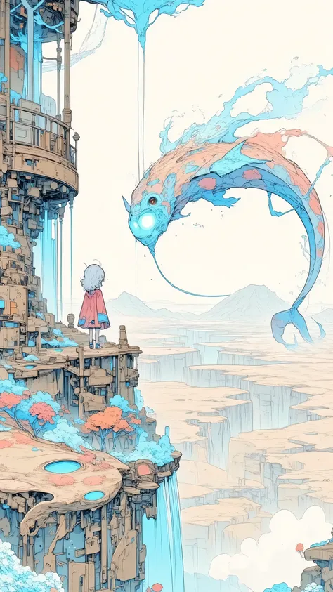 A vast canyon with layered rock formations in soft pastel colors, a colossal creature resembling a floating whale gliding through the air. A lone rider on a lizard-like mount watches from a cliff. Moebius-inspired, surreal landscape, minimal lines, vast de...