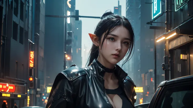  masterpiece,is of the best quality,high resolution, 8,000,(Portrait Photos:1.5),(R Original photo),Real Photos,Digital photography,(Cyberpunk style city streets，Bustling city streets，Neon sign，After the Rain，Mist，steam),(Female elves), 20 year old girl, r...