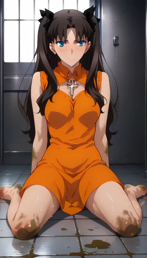 rin tohsaka, fate stay night, a girl, white skin, dark brown hair, (hair loose, disheveled and messy), blue eyes,            large breasts, beautiful body, (((wearing a short                  sleeveless orange dress of a maximum security prison      inmate...
