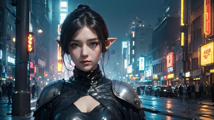  masterpiece,is of the best quality,high resolution, 8,000,(Portrait Photos:1.5),(R Original photo),Real Photos,Digital photography,(Cyberpunk style city streets，Bustling city streets，Neon sign，After the Rain，Mist，steam),(Female elves), 20 year old girl, r...