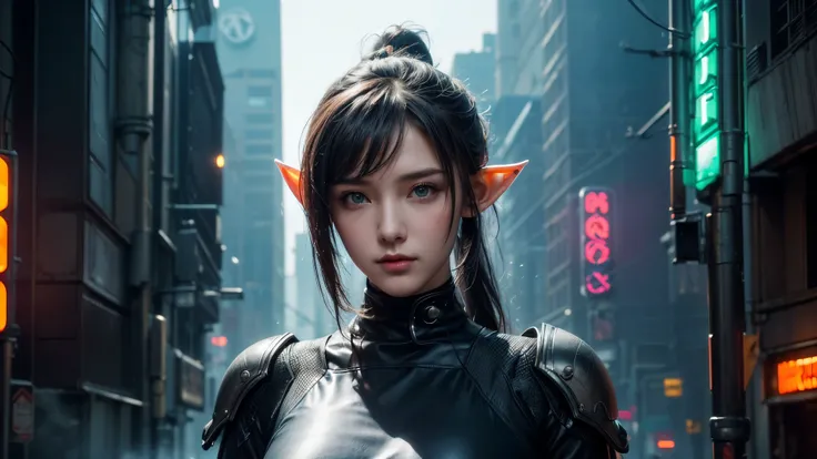 masterpiece,is of the best quality,high resolution, 8,000,(Portrait Photos:1.5),(R Original photo),Real Photos,Digital photography,(Cyberpunk style city streets,Bustling city streets,Neon sign,After the Rain,Mist,steam),(Female elves), 20 year old girl, r...
