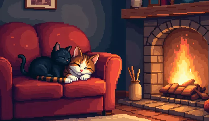 A pixel art scene of a pretty tabby cat sleeping and a cute black kitten cuddling and sleeping together on the edge of a cozy red sofa next to a cosy fireplace, in a cosy household. The scene has a warm, calm, serene, relaxing atmosphere, with a nostalgic ...