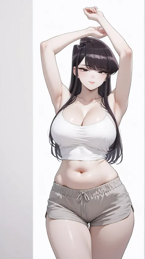 masterpiece, extremely detailed, perfect skin texture, 4k, solo, 1girl, adult,((fullbody)), stand up, komi_shouko, sexy legs, perfect body, large breasts, white tshirt, grey shorts, housewife, soft light, high detailed, best quality, midriff, navel, navel ...