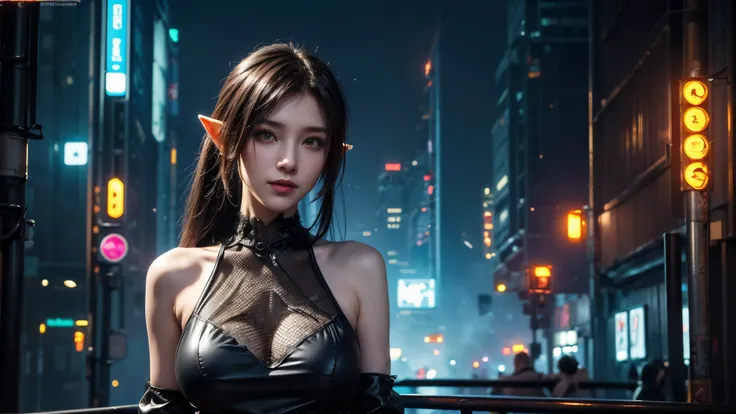  masterpiece,is of the best quality,high resolution, 8,000,(Portrait Photos:1.5),(R Original photo),Real Photos,Digital photography,(Cyberpunk style city streets，Bustling city streets，Neon sign，After the Rain，Mist，steam),(Female elves), 20 year old girl, r...