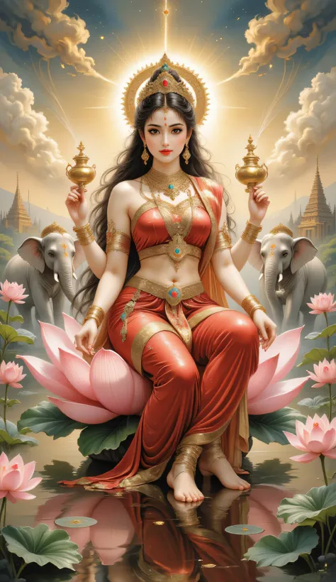 A divine and radiant portrait of Goddess Lakshmi seated gracefully on a large blooming pink lotus floating on a calm, shimmering lake under the golden light of a heavenly sunrise, surrounded by softly glowing lotuses and ethereal sparkles. She has four arm...