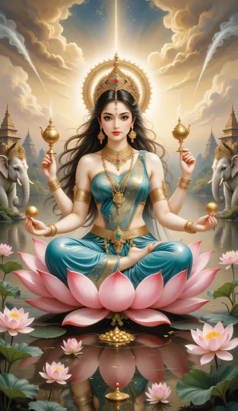 A divine and radiant portrait of Goddess Lakshmi seated gracefully on a large blooming pink lotus floating on a calm, shimmering lake under the golden light of a heavenly sunrise, surrounded by softly glowing lotuses and ethereal sparkles. She has four arm...