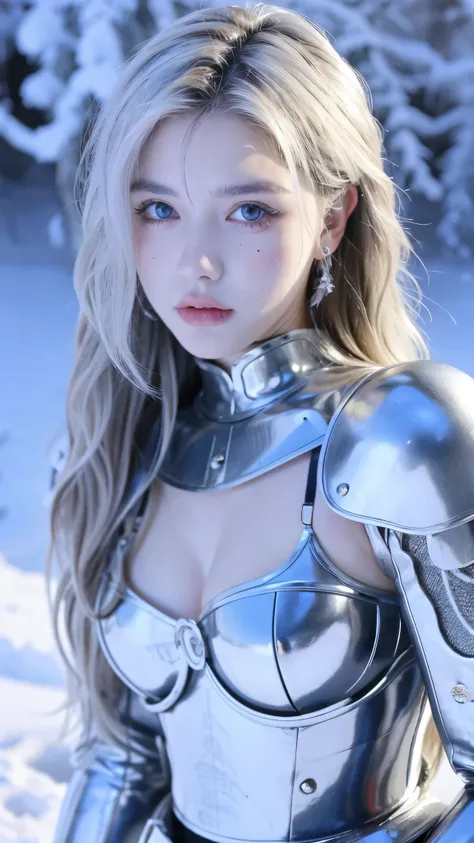     beautiful woman  ,Cute,    huge natural breasts    ,     curly hair,     dark blue eyes and face   , painted in detail   ,  not too thin     ,     to make it ultra-realistic   ,      Western European girl     ,snowy weather ,  she is dressed in knight ...