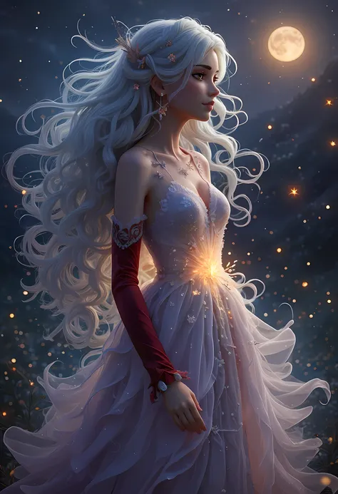 a picture of woman wearing transluminescent dress, black silk dress, intricate dress, transluminescent dress, transparent dress, red sleeves, epic beautiful woman, divine beauty, serene beauty, lush hair, long hair, stars entwined in the woman's hair, fant...