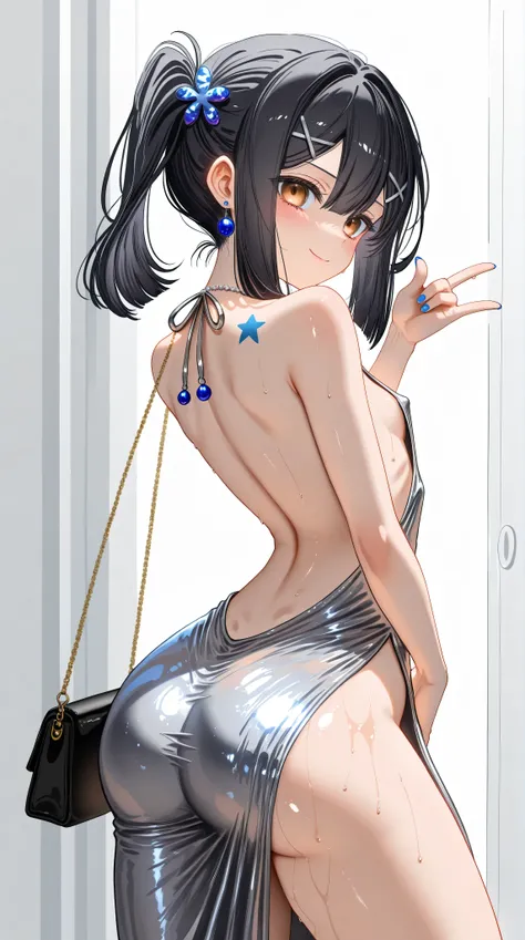 1girl,(Miyu Edelfelt),loli,toddler,petite,cute face,black hair,brown eyes,evil smile,solo,huge ass,colored skin,erect nipples, jewelry, dress,necklace, bangs,x hair ornament, bare shoulders, side ponytail, halterneck, plunging neckline, sidelocks, halter d...