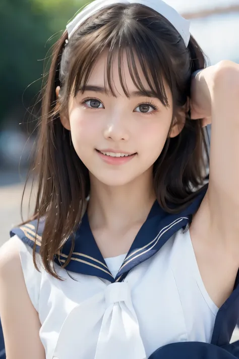 NSFW、 (((Wear a sailor suit)))、8k RAW photo, (white bra:1.3))top-quality, masterpiece,kawaii faces、dual、 a smile、kawaii faces、超A high resolution, film grains, filmg, 1girl in, looking at the viewers, natural skin textures, realistic eyes and face details,...