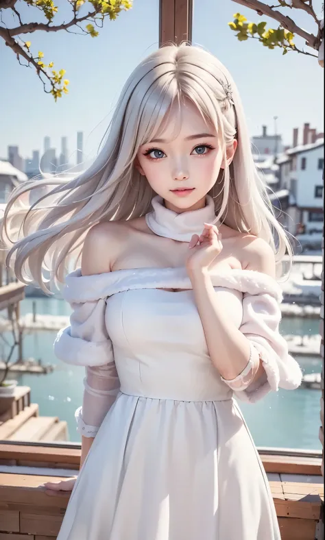silver world、 cute playing with cats、beautiful、white curly hair 、Girl in a Coat 、Winter Town、Portrait、