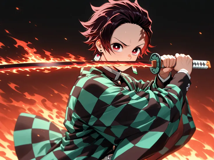 masterpiece, best quality, amazing quality, very aesthetic, side view, 1boy, male focus, dark red eyes, dark auburn hair, short hair, Spiky hair, kamado_tanjiro, kamado tanjirou,red_Tanjiro_hair, red-white_Tanjiro_eyes, whte-red_Tanjiro_earrings, smile, fo...