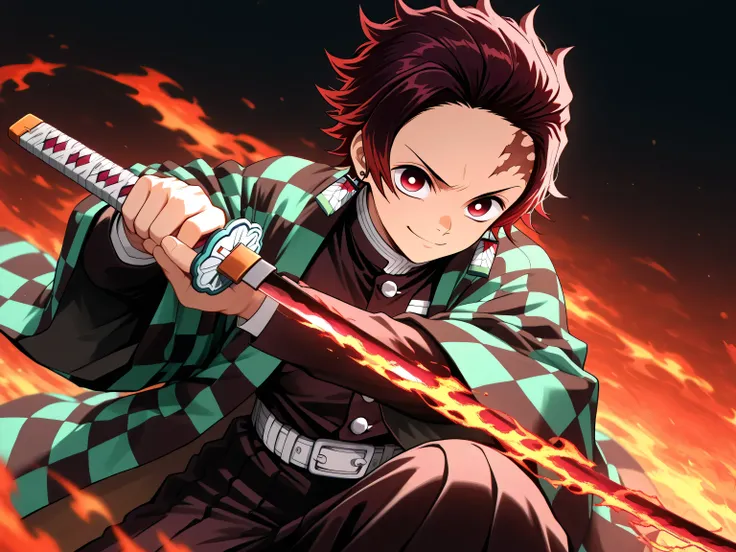 masterpiece, best quality, amazing quality, very aesthetic, side view, 1boy, male focus, dark red eyes, dark auburn hair, short hair, Spiky hair, kamado_tanjiro, kamado tanjirou,red_Tanjiro_hair, red-white_Tanjiro_eyes, whte-red_Tanjiro_earrings, smile, fo...