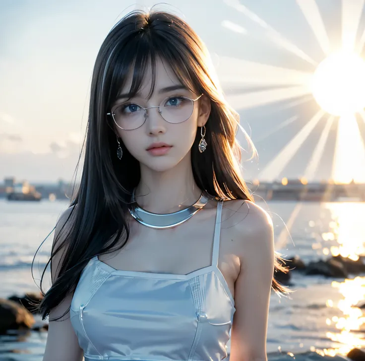 8K quality, pictures, Two beautiful men and beautiful women, (Beautiful like a goddess), The backlight of the intense sunset is dazzling, Above chest, (A shirt with no exposure at all), (Fine silver glasses:1.2), (Brilliant, beautiful, bright blue eyes:1.2...