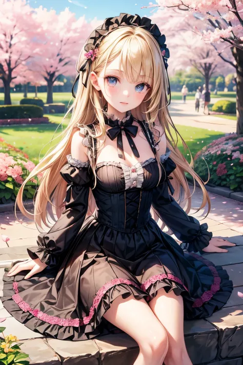 masterpiece,Best Quality,very detailed,photorealistic,realistic, Ultra High Resolution, Masterpiece,pretty girl,elegant,Age 15,long blonde,skinny,perfect eyes,slender,very cute, Gothic Lolita Dress , frill,cherry blossoms in full bloom,Cherry blossom trees...