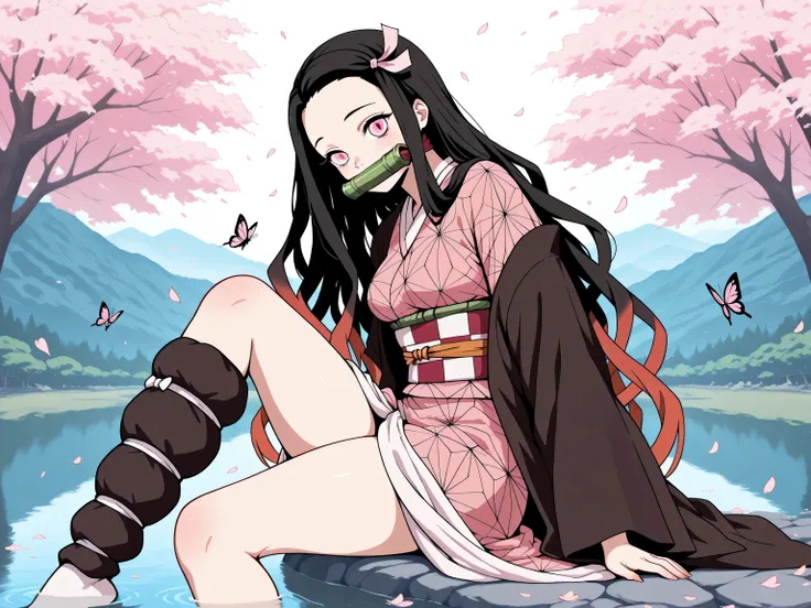 masterpiece, best quality, amazing quality, very aesthetic, side shot, 1girl,  pink eyes, gradient hair, black hair, red hair, long hair, asymmetrical hairline, (medium breasts), very cute, lovely, kamado_nezuko, slit pupils, smile, gag, gagged, bit gag, f...