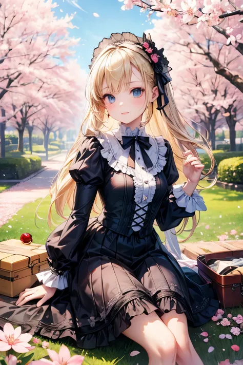 masterpiece,Best Quality,very detailed,photorealistic,realistic, Ultra High Resolution, Masterpiece,pretty girl,elegant,Age 15,long blonde,skinny,perfect eyes,slender,very cute, Gothic Lolita Dress , frill,cherry blossoms in full bloom,Cherry blossom trees...