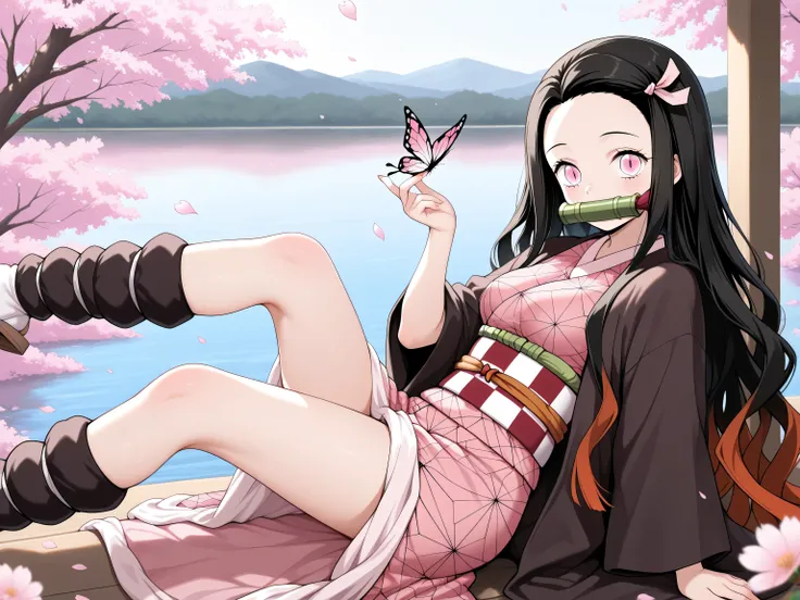 masterpiece, best quality, amazing quality, very aesthetic, side shot, 1girl,  pink eyes, gradient hair, black hair, red hair, long hair, asymmetrical hairline, (medium breasts), very cute, lovely, kamado_nezuko, slit pupils, smile, gag, gagged, bit gag, f...