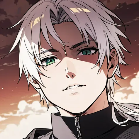 photographic, Best Quality, 8k, extremely detailed, Manga Style , mangaka, illustrated art by Shirotaka, Character: Rudeus Greyrat, Homem, white hair, green eyes, serene expression, Black and white colors only, Character color white, background clouds,