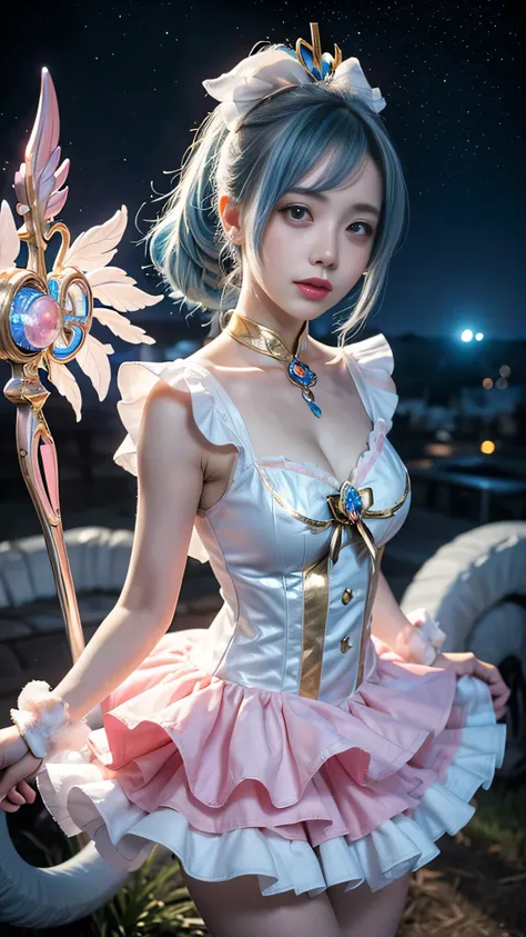 1girl, solo, masterpiece, best quality, high resolution, ultra-detailed,
((Side ponytail)),((light blue hair:1.2)), blue eyes, beautiful face, soft lighting, clean background,
((Magical girl costume:1.5)), ((Pastel pink and white frilly mini dress:1.2)),((...