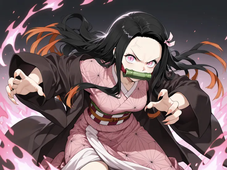 Meisterwerk, best quality, amazing quality, very aesthetic, Side shot, 1 girl,  rosa Augen, runny hair, black hair, rote Haare, langes Haar, asymmetrical hairline, (medium breasts), very sweet, nice, kamado_Nezuko, slit pupils,  gag , gag ged, A bit of gag...