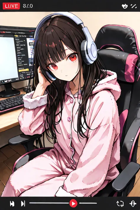 (masterpiece, detailed:1.2)
1lady,28yo,fluffy pajamas,black long hair,big eyes,cool,
sitting a chair,private room,PC,monitor,head phone,
cagivp, livestream, chat log, user interface,gaming chair,