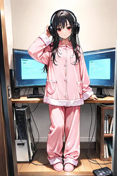 (masterpiece, detailed:1.2)
1lady,28yo,pink fluffy pajamas,black long hair,big red eyes,cool,
standing,full shot,
in private room,PC,monitor,headphone,
