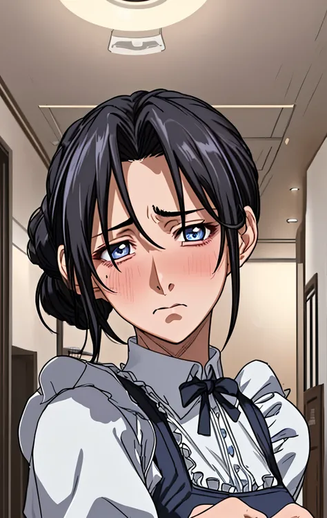 40age、mature woman、black hair、Hair tied up、Blue Eyes、My face is sweaty 、embarrassed expression、maid wearing a heart sign、cowboy shot、Image viewed from the bottom of the front、Greeting、Cafe interior background 、