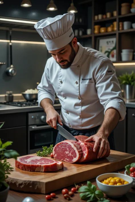 Description: Create an ultra realistic 8K image showing a renowned chef cutting high-quality meat. The scene must convey professionalism and passion for cooking, highlighting the texture and authentic color of meat.
Key elements:
chef: A chef with an imp...