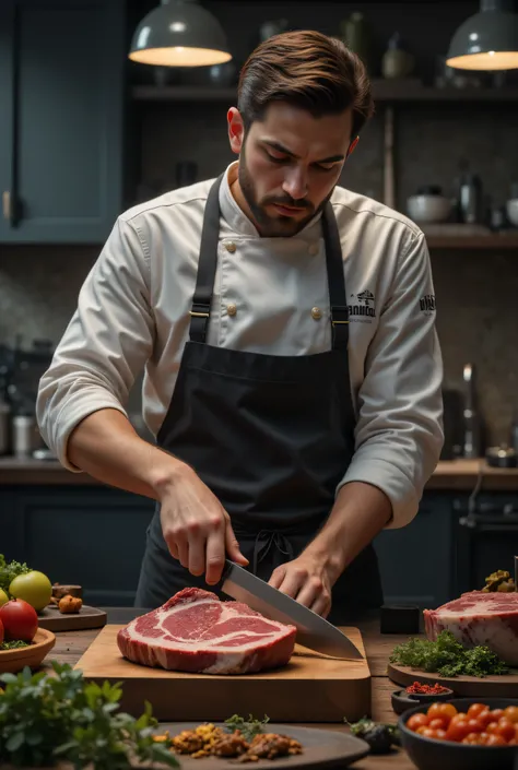 Description: Create an ultra realistic 8K image depicting a chef Renowned for cutting high-quality meat. The scene must convey professionalism and passion for cooking, highlighting the texture and authentic color of the meat.
Key elements:
chef: A chef w...