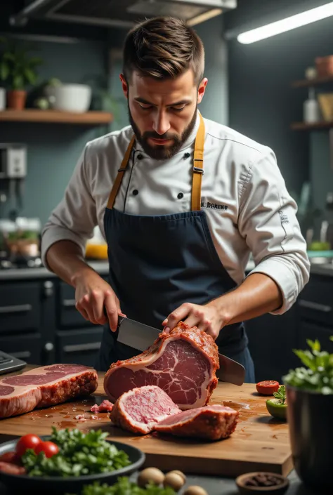 Description: Create an ultra realistic 8K image depicting a chef Renowned for cutting high-quality meat. The scene must convey professionalism and passion for cooking, highlighting the texture and authentic color of the meat.
Key elements:
chef: A chef w...