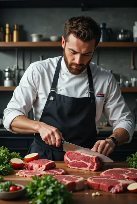 Description: Create an ultra realistic 8K image showing a renowned chef cutting high-quality meat. The scene must convey professionalism and passion for cooking, highlighting the texture and authentic color of meat.
Key elements:
chef: A chef with an imp...