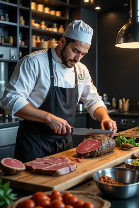 Description: Create an ultra realistic 8K image showing a renowned chef cutting high-quality meat. The scene must convey professionalism and passion for cooking, highlighting the texture and authentic color of meat.
Key elements:
chef: A chef with an imp...