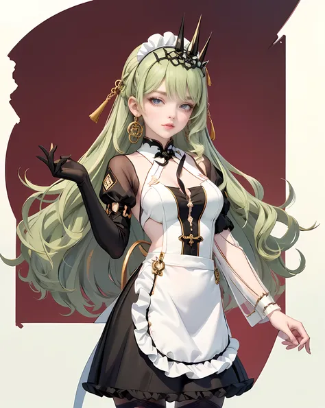 1girl, green hair, harness, black chinese cropped and skirt, chinese maid design, solo, buns hairstyle, symmetrical gloves, high socks, puffed socks, white cropped, harness, chinese maid dress, v neckline, garter on the legs, stand up, white apron, maid dr...