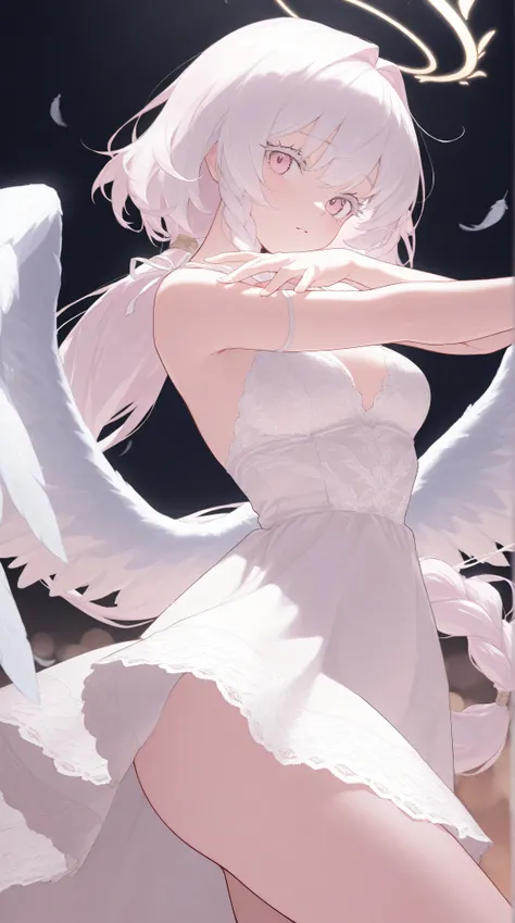 best quality,   masterpiece, 748cmstyle, 1 girl, light pink eyes, White hair,  Very long low ponytail，Twist Braid，light pink eyes，  white eyelash  ，wears a white lace-trimmed strappy dress， sexy pose， There are angel wings ，