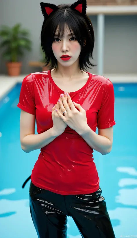 a woman, pool background, playing water , shirt looks full body, body facing front, eyes looking at camera , both hands clasp breasts, wearing a red short sleeve wet long t-shirt, underwearless. black leggings trousers, big , thick red lips, seductive fac...