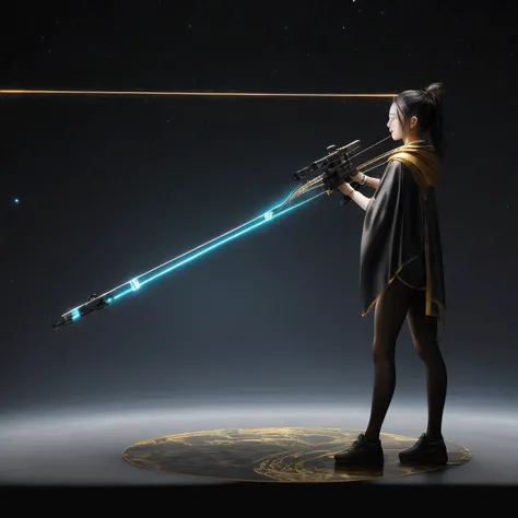 半透明Nine-tailed Suspended Harley Mist Round Star，Coarse Cloak Mayan 流光线条 Platinum Silk Cyberpunk Light Crossbow Space Station 1:900 micron miniature model，illustration，Side view angle，（（半透明））， wear gold frame reflective sunglasses ，Back to the future weapon...