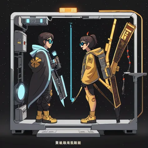 半透明Nine-tailed Suspended Harley Mist Round Star，Coarse Cloak Mayan 流光线条 Platinum Silk Cyberpunk Light Crossbow Space Station 1:900 micron miniature model，illustration，Side view angle，（（半透明））， wear gold frame reflective sunglasses ，Back to the future weapon...