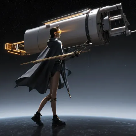 半透明Nine-tailed Suspended Harley Mist Round Star，Coarse Cloak Mayan 流光线条 Platinum Silk Cyberpunk Light Crossbow Space Station 1:900 micron miniature model，illustration，Side view angle，（（半透明））， wear gold frame reflective sunglasses ，Back to the future weapon...