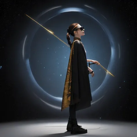 半透明Nine-tailed Suspended Harley Mist Round Star，Coarse Cloak Mayan 流光线条 Platinum Silk Cyberpunk Light Crossbow Space Station 1:900 micron miniature model，illustration，Side view angle，（（半透明））， wear gold frame reflective sunglasses ，Back to the future weapon...
