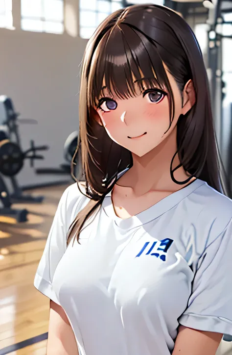 ((1 girl,solo))((black brown hair,long hair))(((buruma), dark blue buruma, school, gym shirts, white shirts, white t-shirts, short sleeves, gym uniform))((thigh))((indoor))((standing))((v-shaped eyebrows))((half closed eyes))((sharp eyes))((sweat,blush,clo...