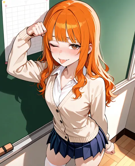 1girl, 20 years old, beautiful, orange hair, slightly wavy hair, straight bangs, hair length to shoulder blades, brown eyes, small hips, slightly plump thighs, narrow waist, small breasts, neat face, small blush, detailed image, detailed body, detailed loc...
