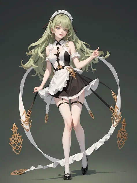 1girl, green hair, harness, white cropped and skirt, chinese maid design, solo, buns hairstyle, symmetrical gloves, high socks, puffed socks, harness, chinese maid dress, v neckline, garter on the legs, stand up, white apron, maid dress, chinese maid, chin...