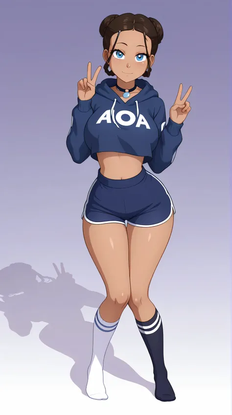 beautiful katara, mature, goth girl, with big breast, curvy body, thin waist, messy hairbun, wedding braid bun, big eyes, eyelashes, peace sign, big beautiful eyes, thin waist, detailed anime, super tall, thick thigh, wearing dark hoodie, darkblue, brightb...