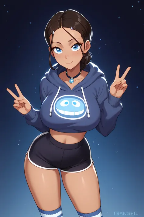 beautiful katara, mature, goth girl, with big breast, curvy body, thin waist, messy complexed ponytail, big eyes, eyelashes, peace sign, big beautiful eyes, thin waist, detailed anime, super tall, thick thigh, wearing dark hoodie, darkblue, brightblue stri...