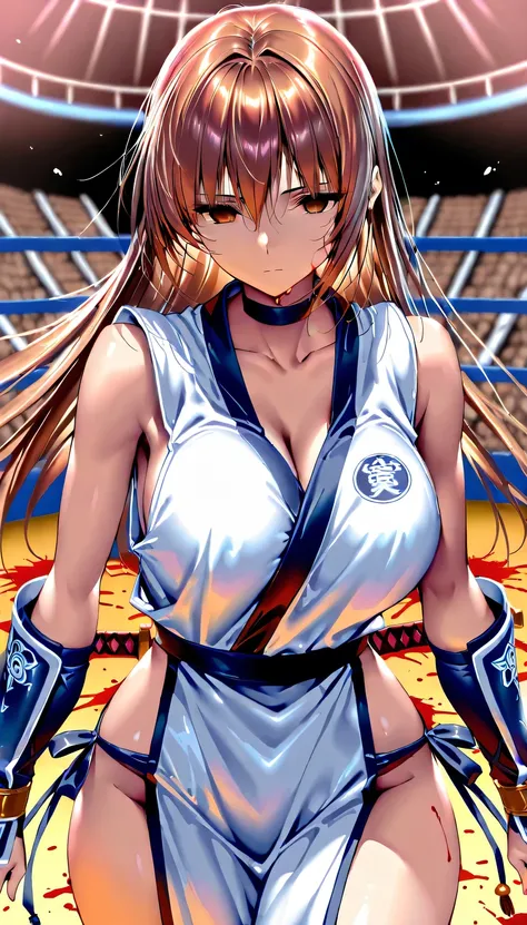 masterpiece, best quality, very aesthetic, absurdres,  (piromizu (Artist):0.8),  1girl, break, (kasumi\(doa\), ,,empty eyes,,(sleeveless,White costume:1.4),(,blood:1.4,Expressionless,emotionless,), battle ,arena,cowboy shot,Expressionless,emotionless