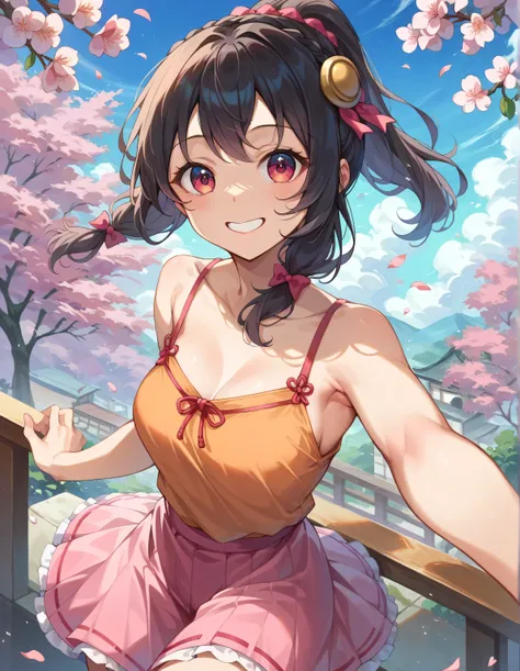 high image quality,high quality、
Yunyun、 (One person)、black hair, hair accessories, ( Orange Camisole)、happy,pink skirt、solo、view from above、high ponytail、cherry blossoms、blue sky、smile、opens its mouth and laughs