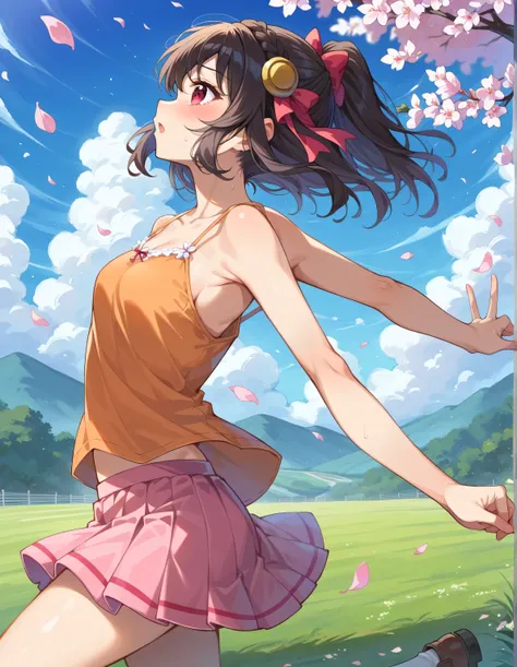 high image quality,high quality、
Yunyun、 (One person)、red eyes、black hair, hair accessories, ( Orange Camisole),pink skirt、solo、high ponytail、cherry blossoms、blue sky、side view,running through a field,,blush,V-shaped eyebrows,Short hair