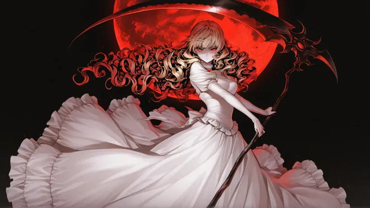 anime a elegant woman with possessed red eyes with long curly wave blond hair wearing a frilled renascent pearl white dress covering up to her neck while holding a large blue scythe with a moon motiff while looking at the viewer with an emotional expressio...
